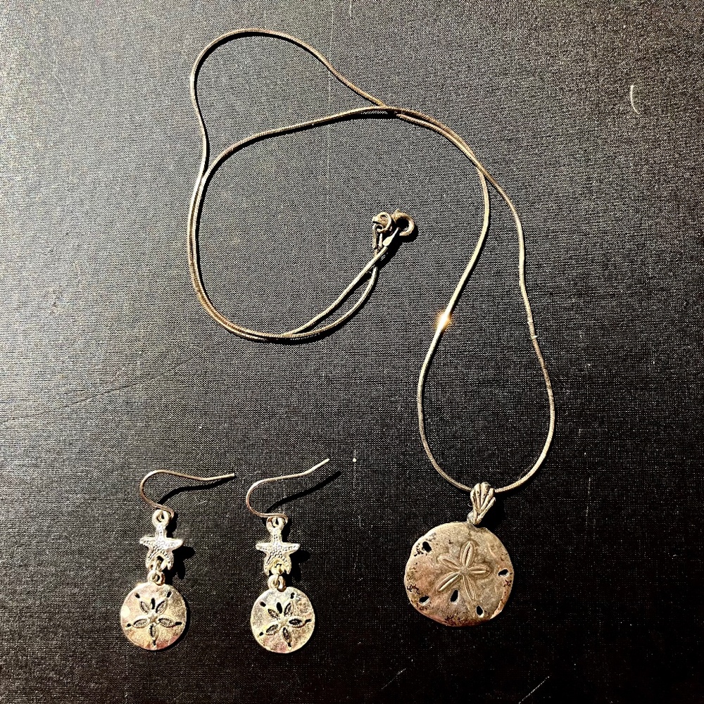Silver Sand Dollar Matching Necklace and Earrings Set